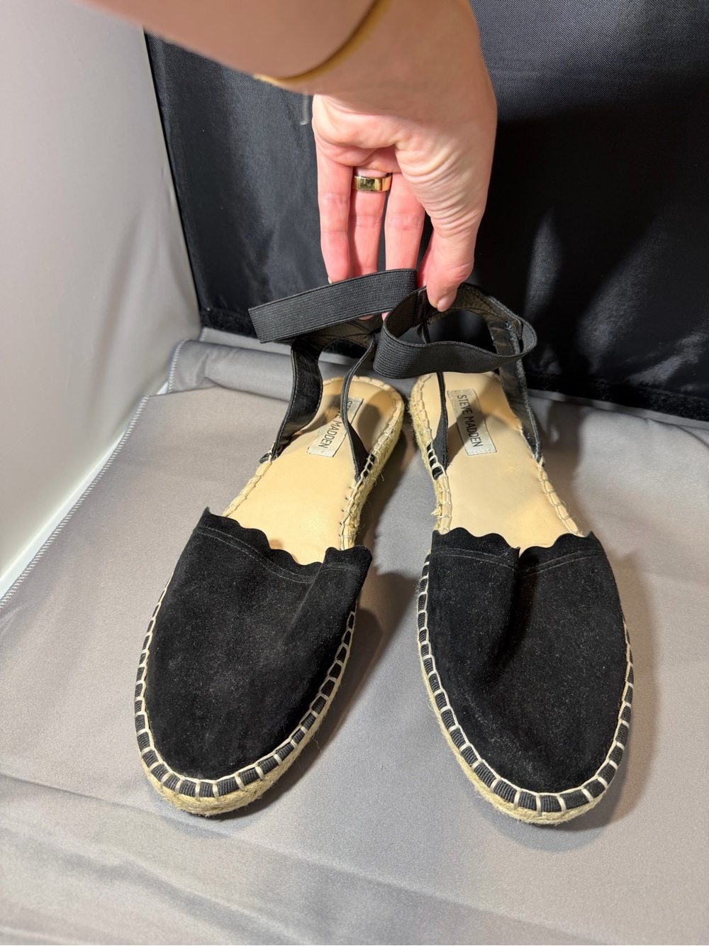 Steve Madden Black Scallop Suede Espadrille Ankle-Strap Flats
